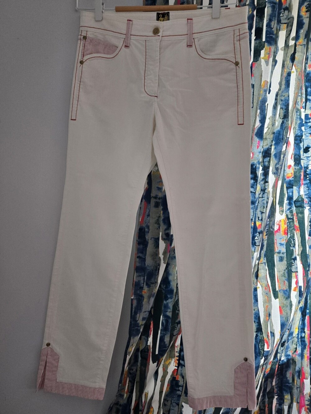 New CAPPOPERA White Jeans with Red Stripes Trim - Classic Straight Fit